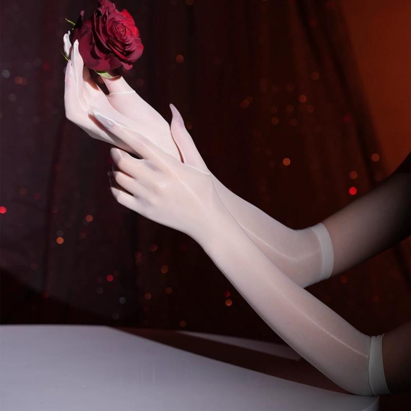 

3D Oil Shiny Tight Stockings Gloves Women Sexy Ultra-Thin Transparent Full Finger Long Mittens Cosplay Party Club Accessories One Size