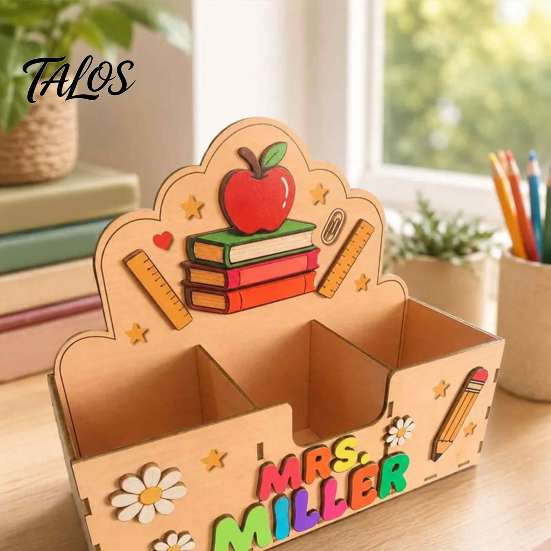 Natürlicher Holz-Stiftebecher, Schreibwaren-Aufbewahrungsständer mit drei Fächern, Cartoon-Muster-Dekor, Stabiler Holz-Klassenzimmer-Organizer für Stiftehalter,