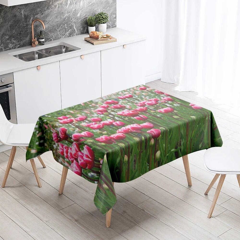 White Red Tulip Tablecloth Colorful Floral  Stain Resistant Waterproof Rectangular Kitchen Dining Table Home Decor