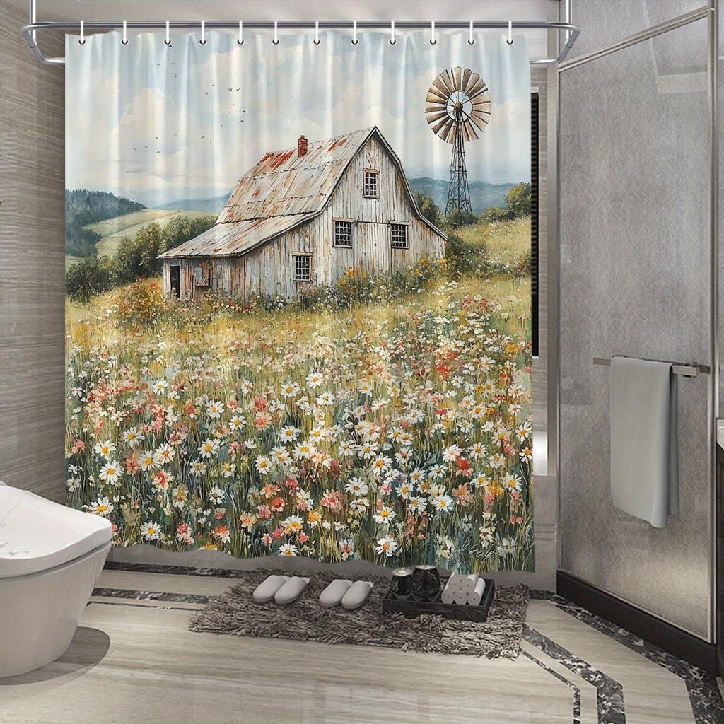1pc Shower Curtain Rustic Charm Countryside Barn and Windmill Waterproof for Bathroom Decor