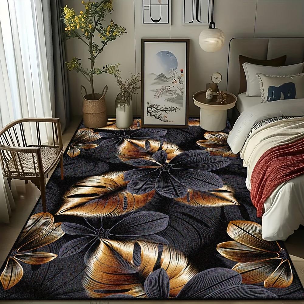 1pc Black Flower Patterned Cashmere Rug, Machine Washable, Non-Slip, Soft Foot Pads, Ideal for Both Indoor And Outdoor Use