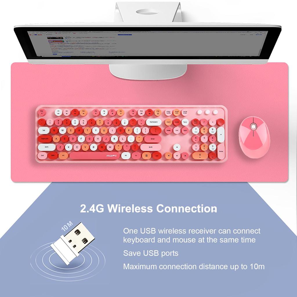 USB Wireless Keyboard and Mouse with Multicolor Round Cute Candy Compatible with Laptops and PCs 2.4G Typewriter-Style Keycaps, Colors, (Pink 2)