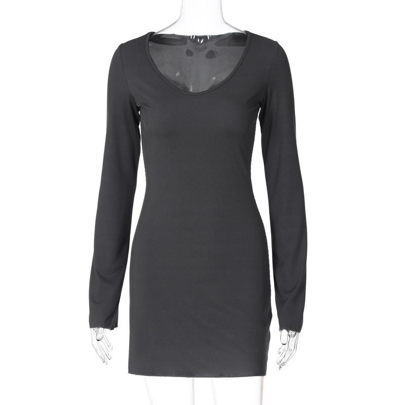 Stil Kvinners Sommer Ny Ensfarget Ribbestrikket Mote Langermet Midjekjole