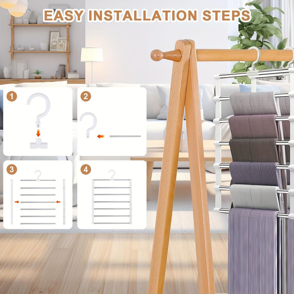 Multi Layer Stainless Steel Folding Pants Rack - A Space Saving Wardrobe Organizer Suitable for Pants and Scarves