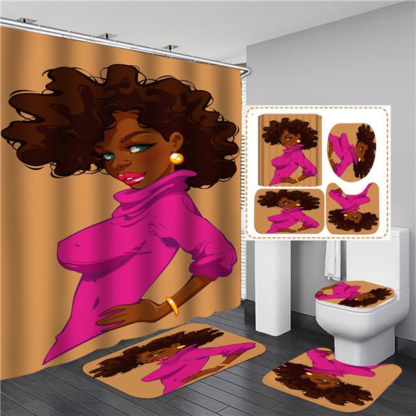 4PCS Full Set Bathroom Curtain Set Elegant African Black Woman Shower Curtain Hooks Modern Bath Mat Toilet Lid Cover Anti-slip Bath Mats