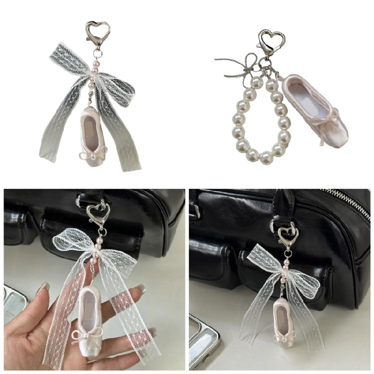 Ballet Shoe Keychain Featuring Lace Bowknot And Pearls Detail For Fashion Forward Individuals And Dance Fan