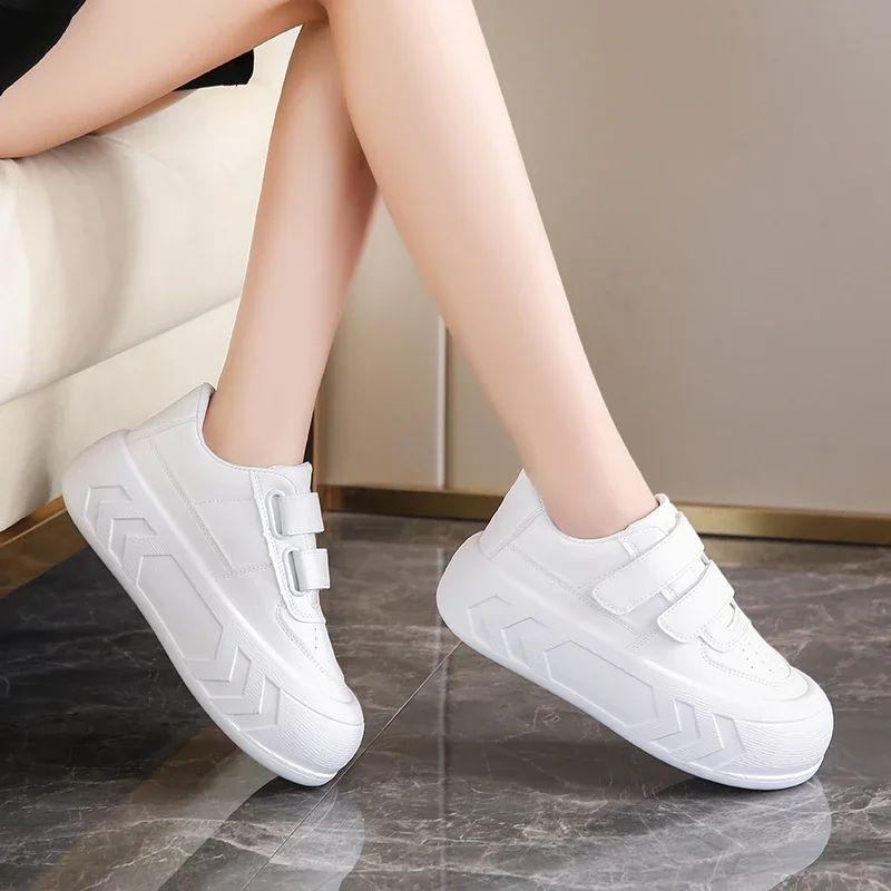 Leisure Sneakers for Women PU Hook & Loop Flat Platform High Heels Round Toe Women Shoes Solid Leather Vulcanize Shoes Plus Size