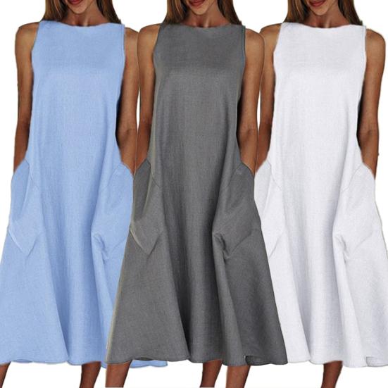 Vintage Damen Einfarbig O-Ausschnitt Ärmellos Taschen Großer Saum Langes Lockeres Kleid