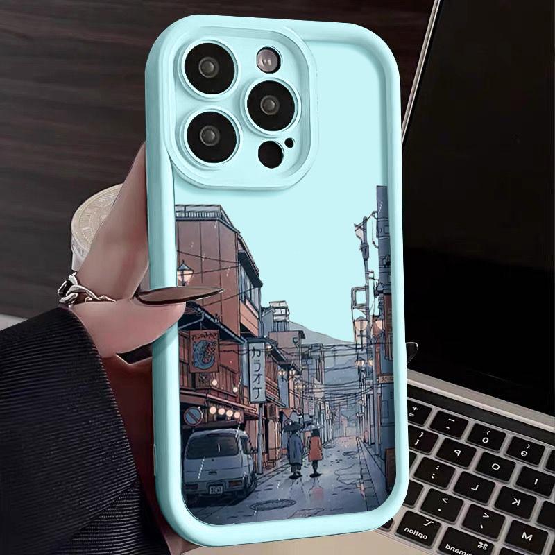 Rainy Night Streetscape Pattern Shockproof Case For iPhone 16 15 Plus 14 Pro Max 13 12 11 XS XR 8 Lens Protection TPU Soft Matte Silicone Phone Cover