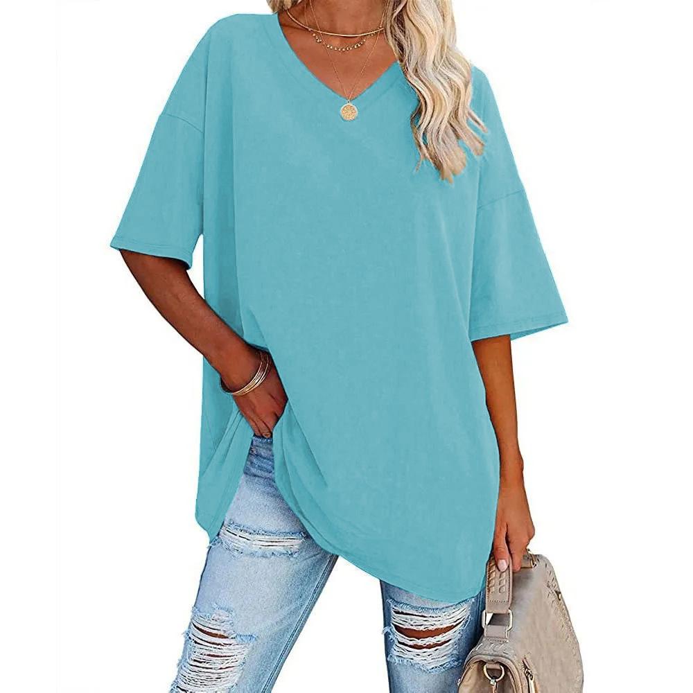 European and American Women's Clothing Foreign Trade Spring and Summer New Item Solid Color Loose Half Sleeved V-neck Women's Top