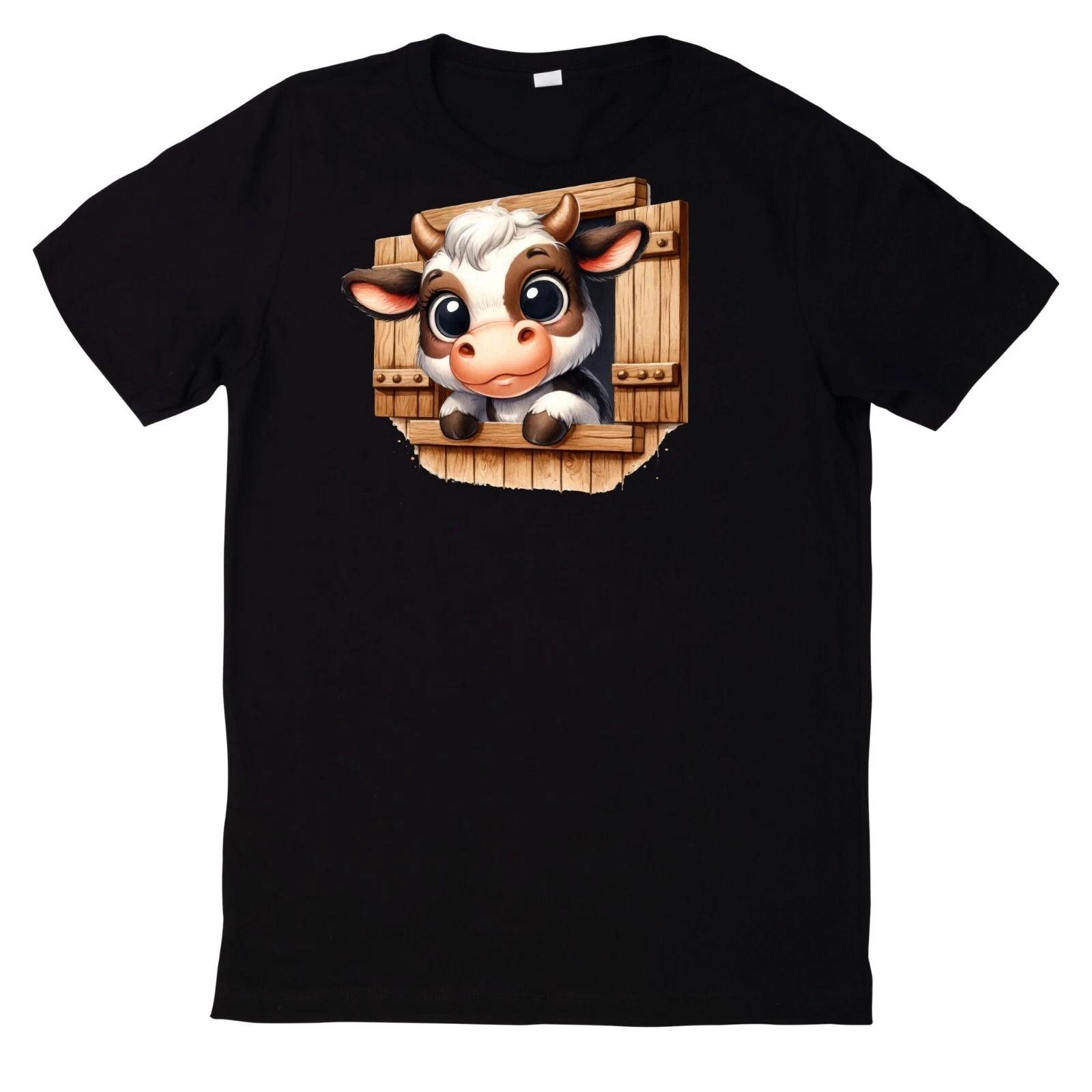 T-Shirt Niedliche Kuh die aus einem holz Fenster guckt Motiv Baumwolle XL