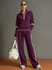 Women's Relaxed Fit Two-Piece Tracksuit Long Sleeve Half Zip Sweatshirt Drawstring Wide Leg Pants Color Block Athleisure Outfit Set
