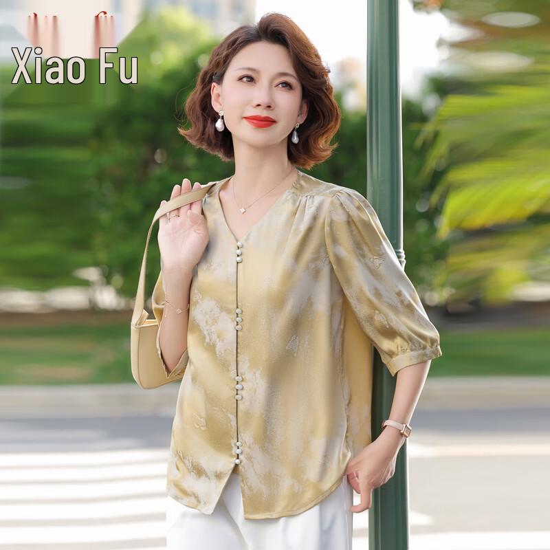 Xiaofu New Chinese Style Five-Sleeve Blouse for Middle-Aged Women 3XL