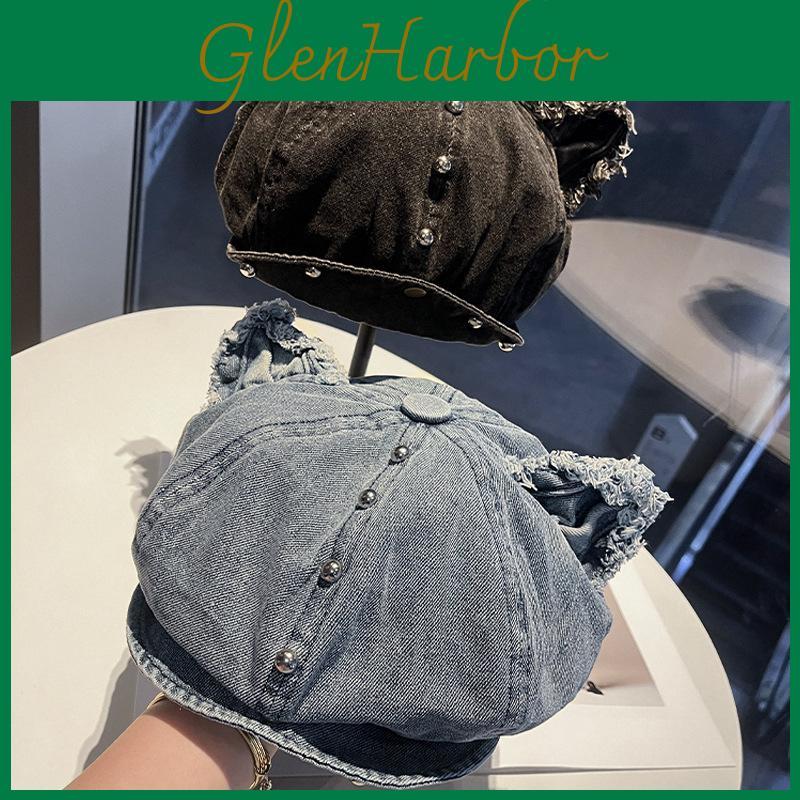 Cowboy Style Denim Beret With Studded Detail For Casual Streetwear And Outings