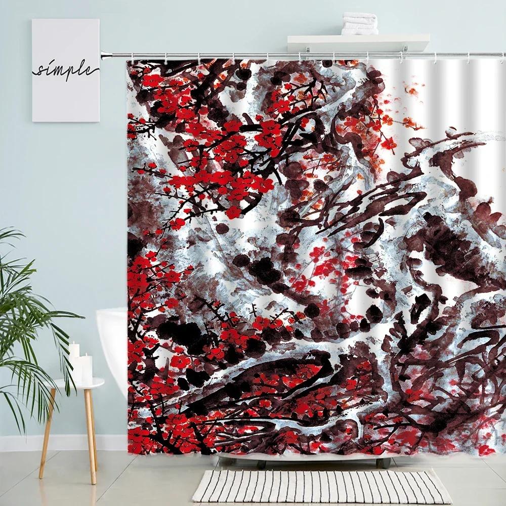 Chinese Ink Landscape Shower Curtain Japanese Cherry Blossom Watercolor Mountain Natural Scenery Waterproof Cloth Bathroom Decor