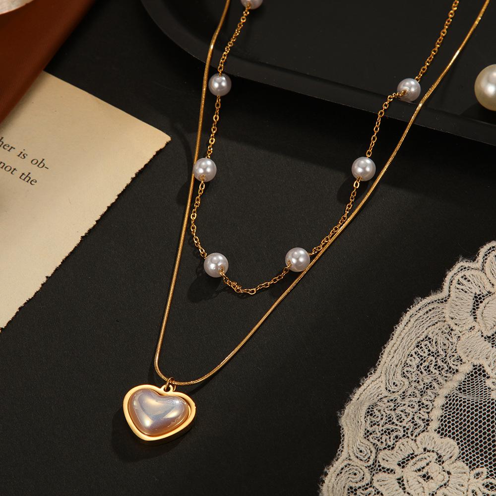 Design Temperament Versatile Love Collarbone Chain Double Pearl Necklace