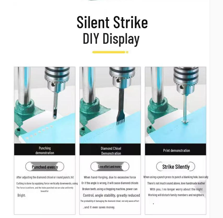 Silent Manual Leather Cutting Machine with Diamond & Round Awl Accessories for Small Hand Press Assembly