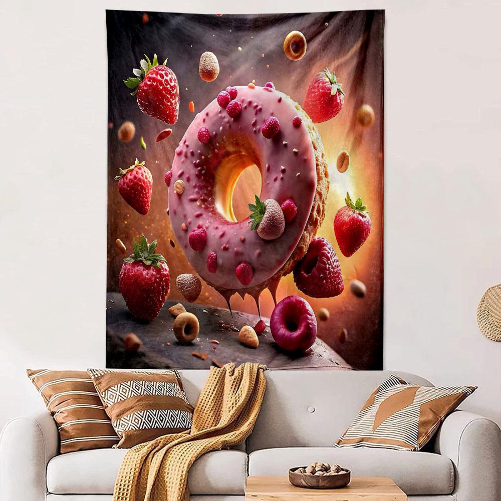 "Strawberry Donut Explosion Art Print" Patterned Tapestry Decorative Wall Hanging, Home Bedroom Living Room Decor