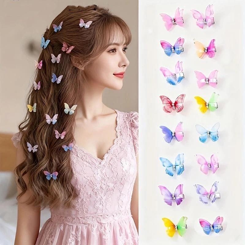 10Pcs Colorful Gradient Double-Layer Organza Butterfly Hair Clips With Cute Princess Hair Accessories