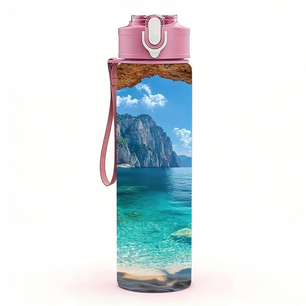 1PC Ocean Sea Cave Coastal Nature Landscape Art 750ml Color Plastic Sports Water Bottle Leakproof Flip Straw Lid Suitable for Sports Office Home Use