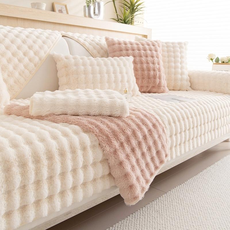 Thicken Plush Stripe Immitation Rabbit Fur Non-Slip Sofa Cover, For Winter Living Room Couch Seat Decor Slipcover Sofa Towel