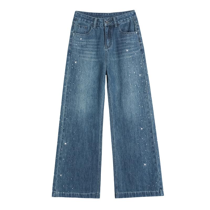 2026 New Style Women's High-Waisted Loose-Fit Straight-Leg Jeans with Rhinestone Detail and Narrow Wide-Leg Design