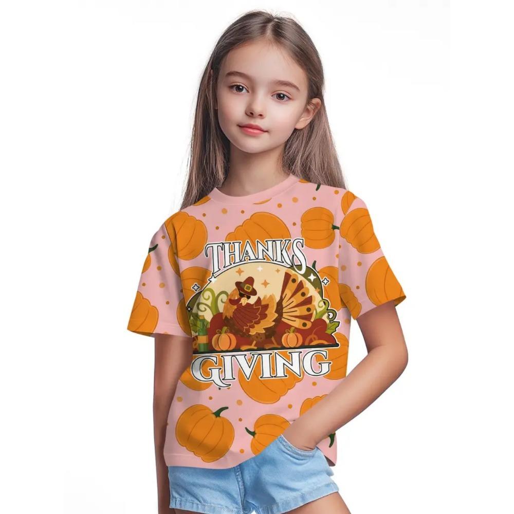 Girls' Clothing Thanksgiving Turkey 3D Printed Short Sleeved T-shirt Casual Holiday Cartoon Boy T-shirt Summer Children's Top