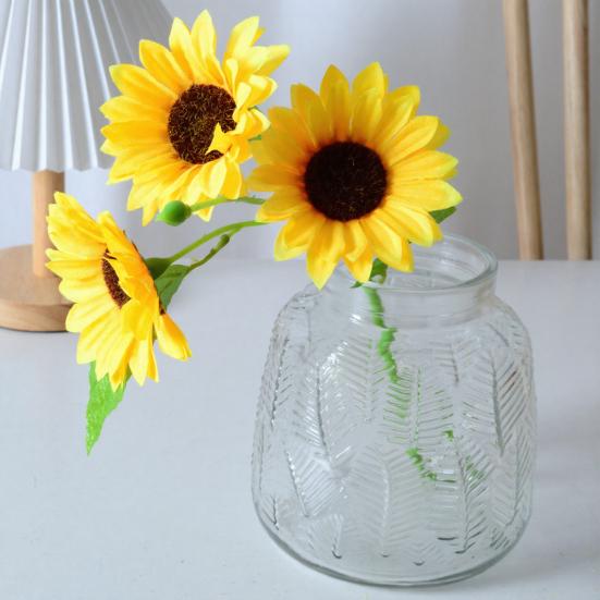 3 Heads Artificial Sunflower Bouquet Faux Silk Sunflower with Long Stem for Home Hotel DIY Craft Wedding Party Indoor Outdoor Decor