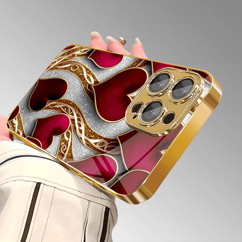 Luxury Red Heart Gold Filigree For iphone 17 case fashion phone cases Glass Phone Case for iPhone 17 16 15 14 13 12pm Pro Plus