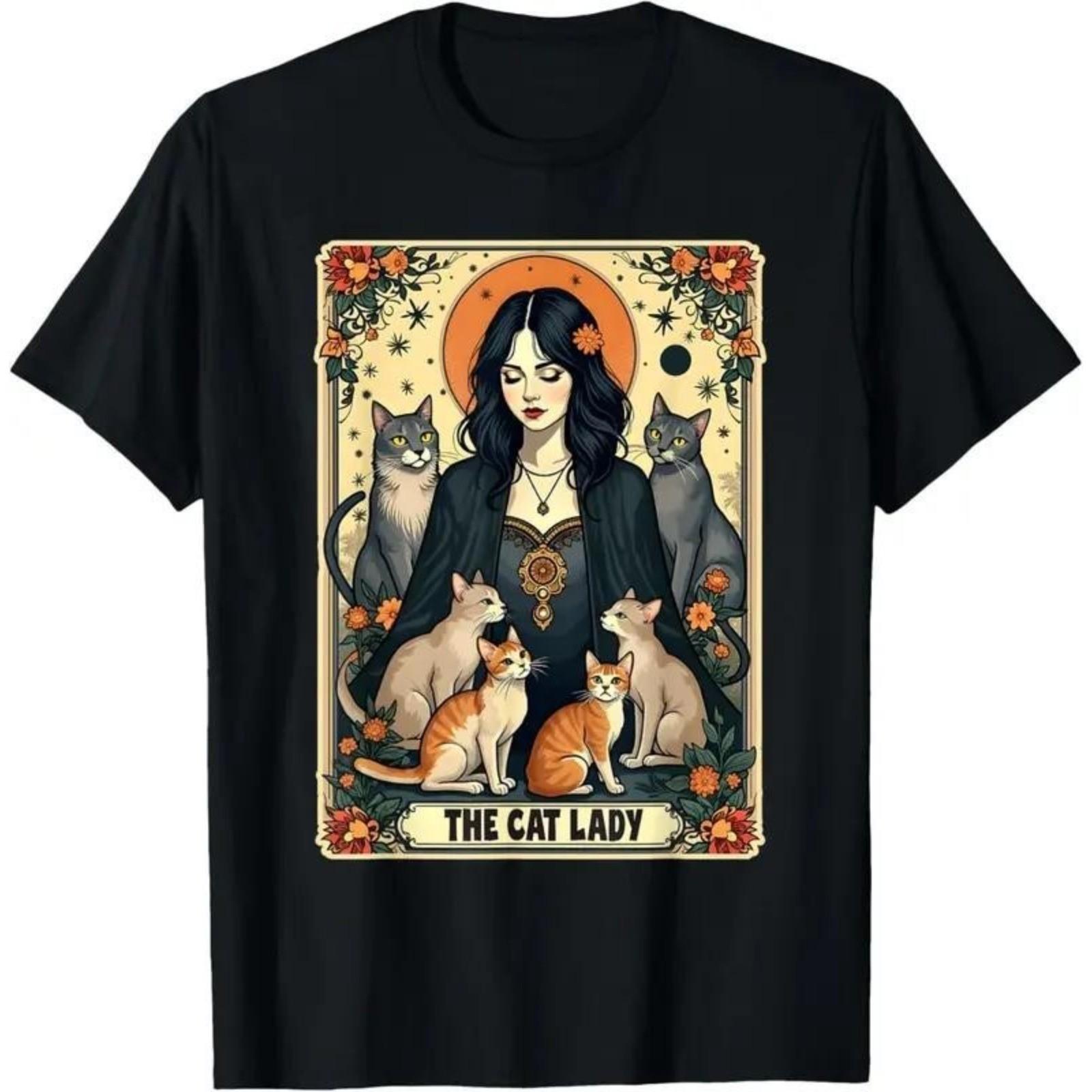 Unisex The Cat Lady Tarot Card Shirt Women Witchy Gothic Cat Mom T-Shirt Novelty S