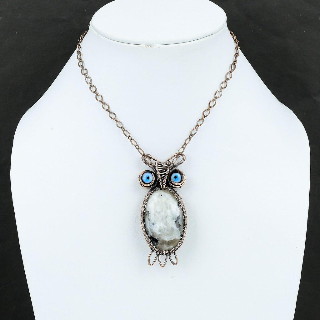 Rainbow Moonstone Pendant Copper Wire Wrapped Gemstone Pendant Owl Design Jewelry Black Color Evil Eye Pendant Handmade Copper Wire Jewelry