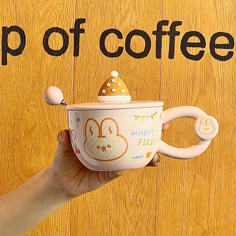 Gebt Mädchen Geburtstagsgeschenke, Cartoon-Hasenbecher, hochwertige Keramiktassen mit Deckel und Löffel und Geschenkboxen.