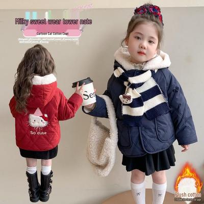 Girls' Red Hooded Cotton Coat with Fleece Lining - Sweet Cartoon Winter Wear for 2025