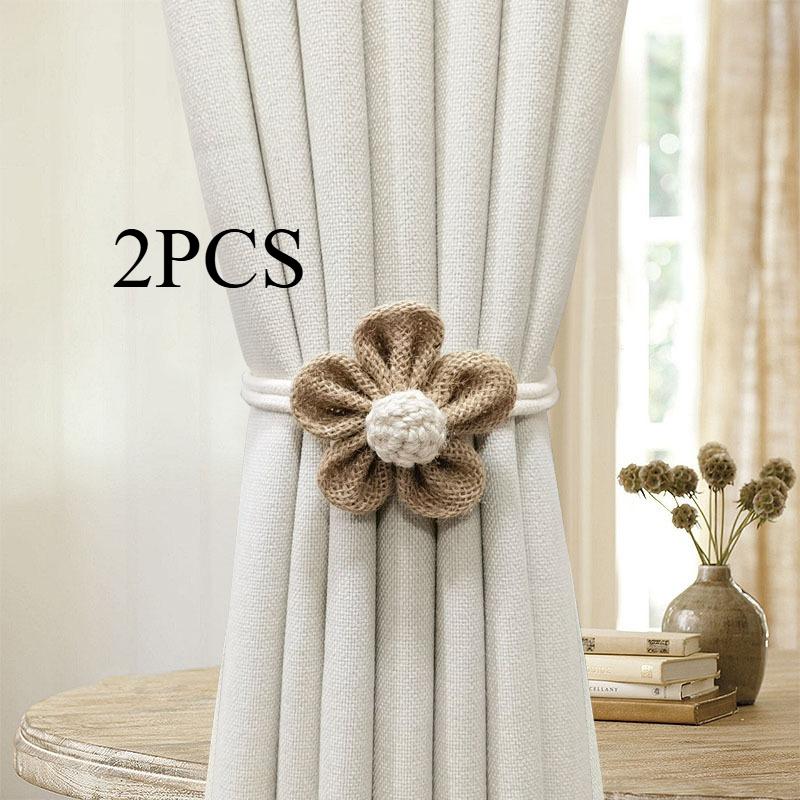 2PCS.Luxury Flower Linen Curtain Tiebacks (Pair), Adjustable Cottagecore Straps, Cute Decor for Sheer/Thick Curtains