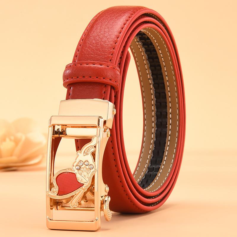 

Ladies belt real cowhide automatic buckle white versatile belt Korean version student thin belt women s belt Chinese knot 120cm