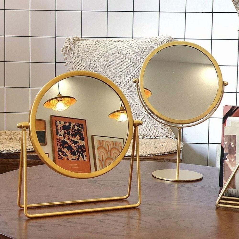 Metal Makeup Mirror with Stand Round Dressing Mirror Retro Desktop Mirror  Bedroom