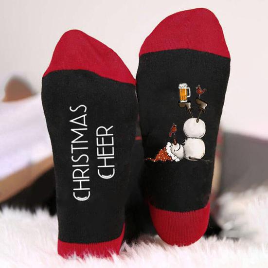 1 Pair Festive Christmas Socks Cute Snowman Bowknot Letters Print Mid Tube Winter Socks Holiday Gift