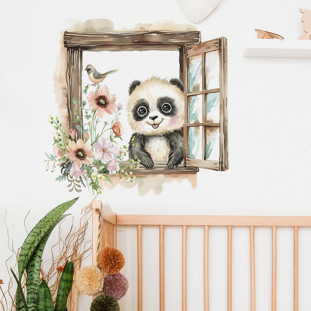 Fun-b54 False Window Panda Children's Room Kindergarten Home Background Landscaping Wall Sticker