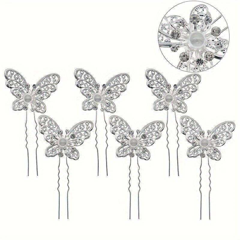 Vintage-Style Metal Hollow Butterfly Hairpins, Silvery Hair Clips with Butterfly Faux Pearls and Rhinestones for Brides