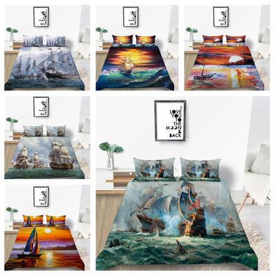 3D Painting Style Bedding Set Boat Printing Duvet Cover 2/3 Pieces AU180 * 210 Sea Pattern Microfiber Fabric Soft Machine Washable Home Decoration