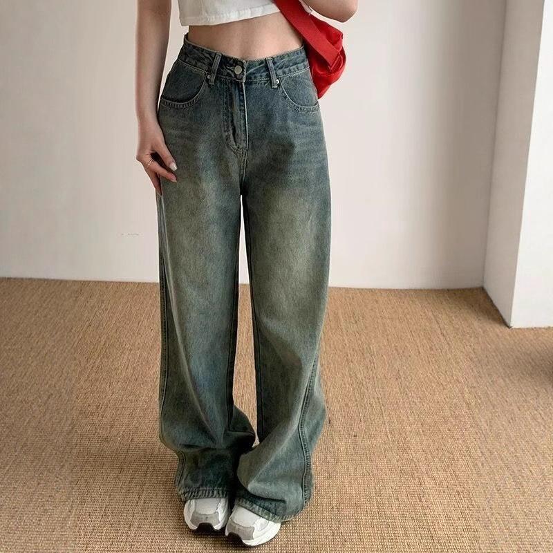 New American Retro Old Blue High Waist Wide-leg Jeans Women's Versatile Floor Trousers