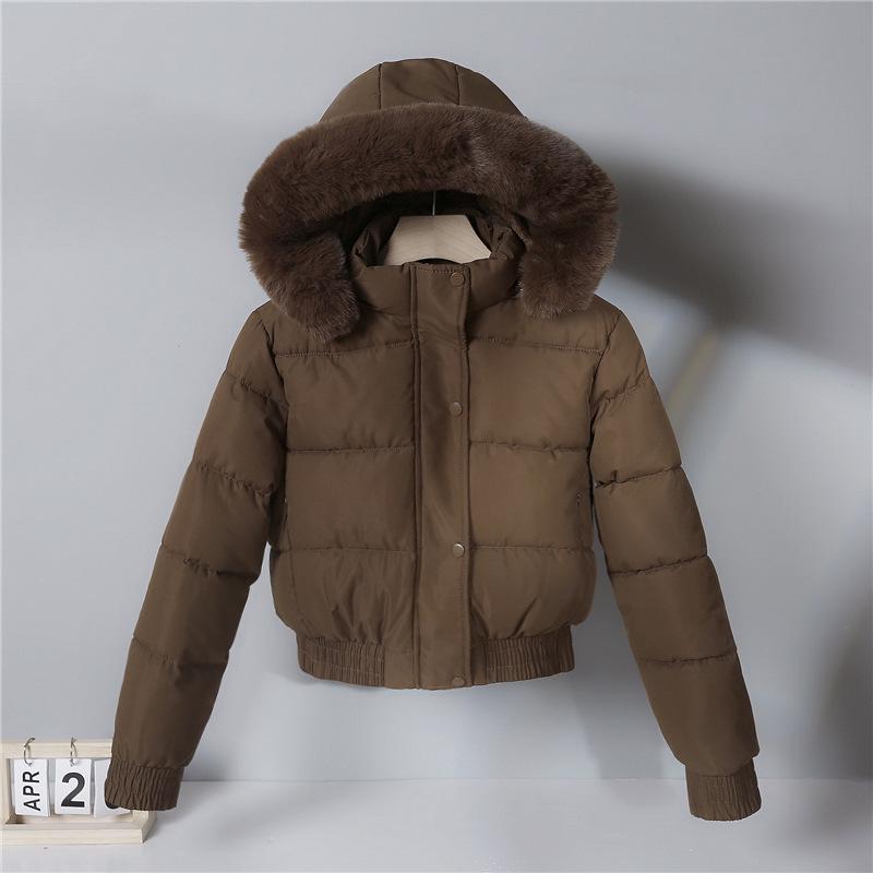 Women's Winter Petite Thickened Down Cotton Jacket with Fur Collar and Velvet Lining
