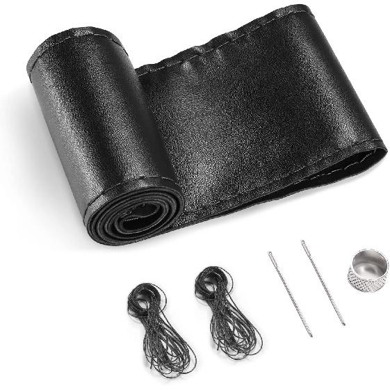 SEG Direct Genuine Leather Steering Wheel Cover, Stitch On Wrap, 15 Inch Steering Wheel Wrap For Car Truck SUV Pickup Boat, DIY Sewing With Needle