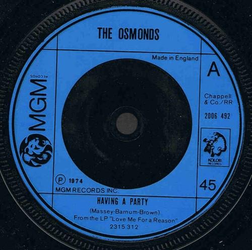 

7inch Record OSMONDS - Having A Party 2006492 MGM Records 1975 UK Rock Used