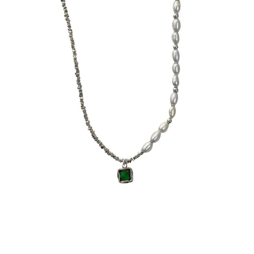 Yinruitai Sterling Silver Emerald Gemstone & Freshwater Pearl Necklace