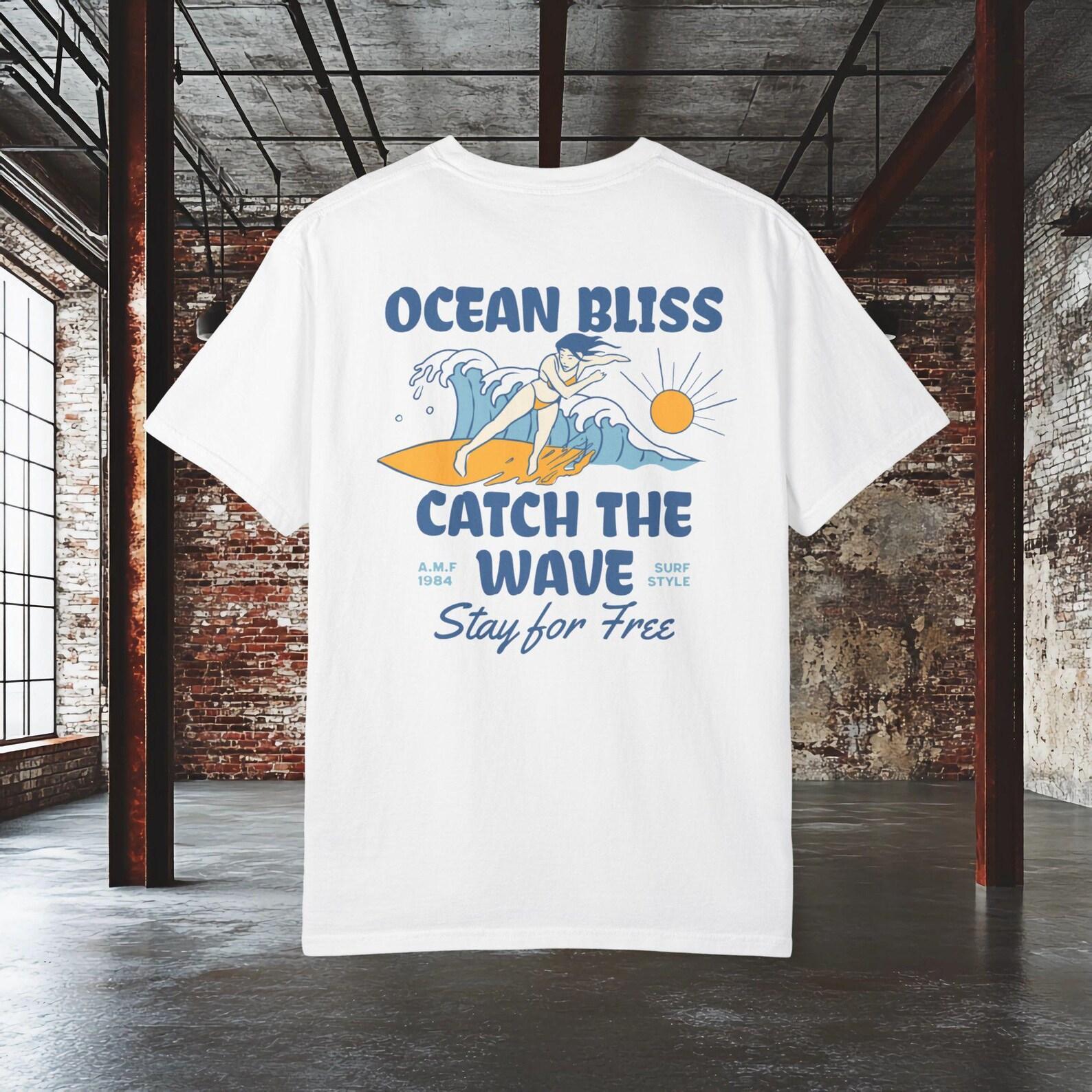 Ocean Bliss Surf Shirt| Catch The Wave T shirt| Retro Surf Graphic Tee| Beach Vacation Shirt| Surfer Girl Shirt | Summer Ocean Shirt L