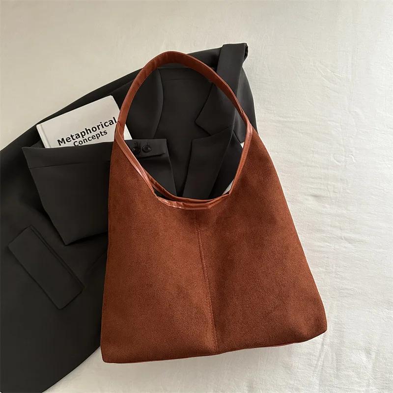 Vintage Faux Suede Tote Bags for Women Large Capacity Shoulder Ladies Underarm Bag Casual Simple Commuter Female Handbags