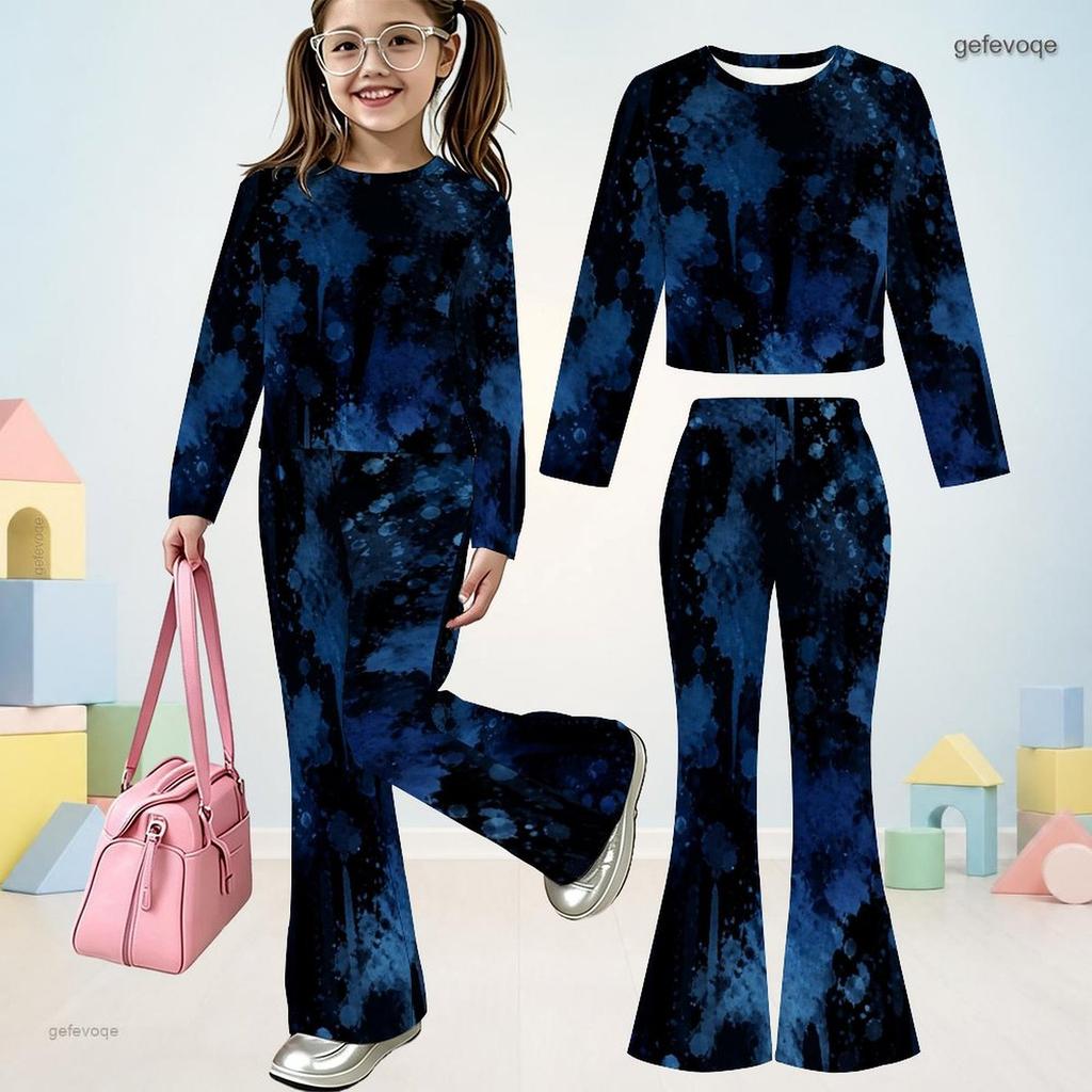Girls Dark Blue Printed Round Neck Long Sleeve Crop Top Flared Pants Two Piece Set