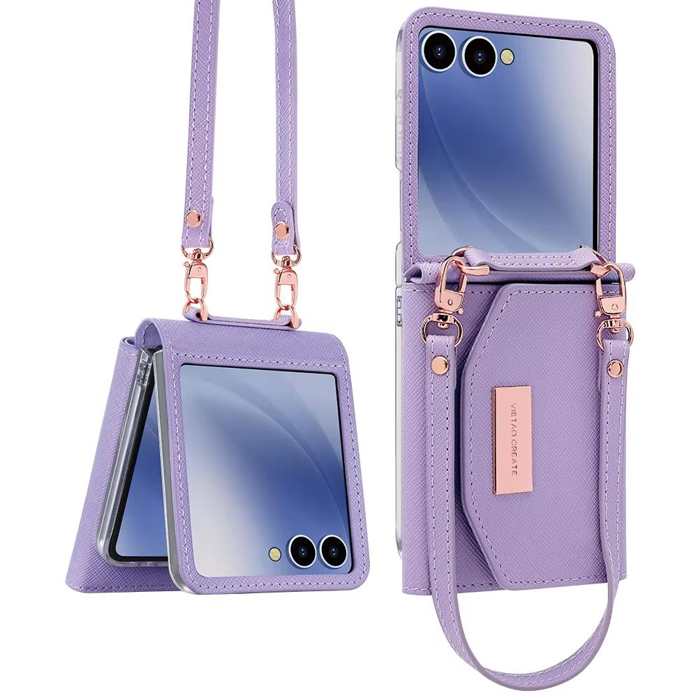 VIETAO Luxury Girl's Fashion PU Leather Wallet Phone Case with Lanyard & Wrist Strap Shockproof Hand Holder for Z Flip
