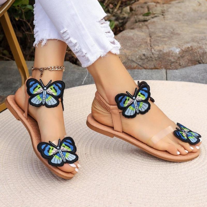 Summer New Bohemian Flat Slippers Wearing Ethnic Style Butterfly Toe Beach Sandals for Women Size 43